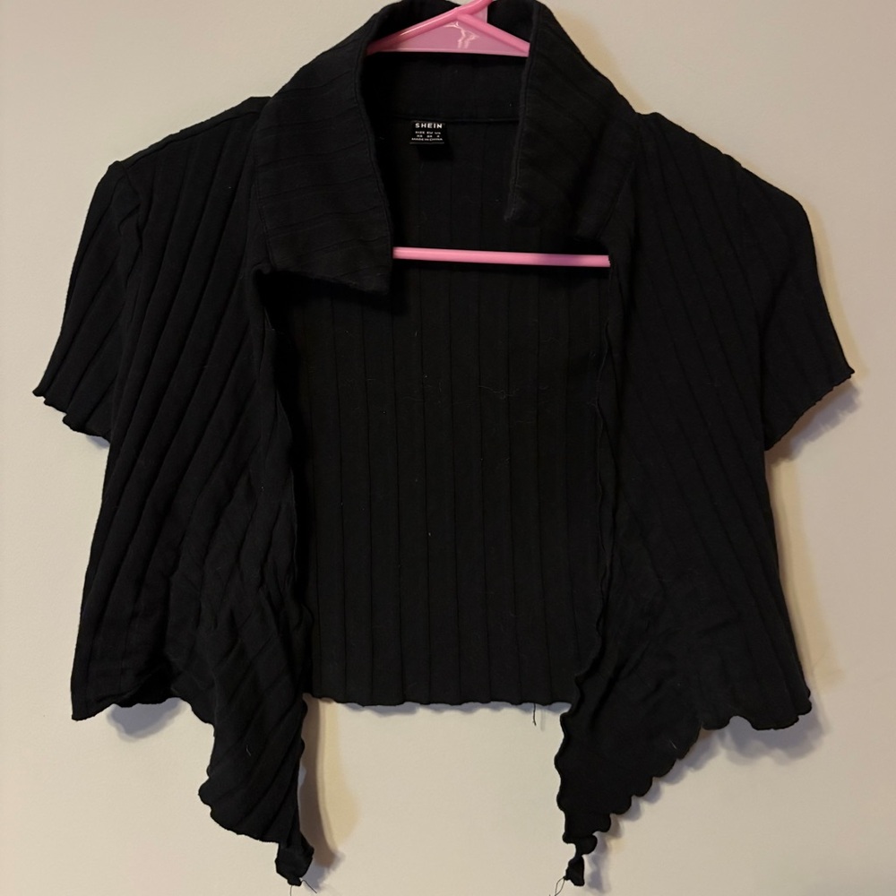 SHEIN Black Ribbed Open-Front Blouse